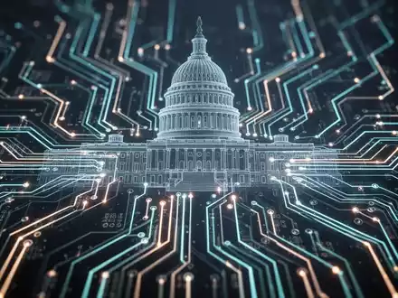 Digital circuit board with glowing lines and a subtle outline of the US Capitol building, symbolizing AI regulation and legislation. - Foto: über boerse-global.de