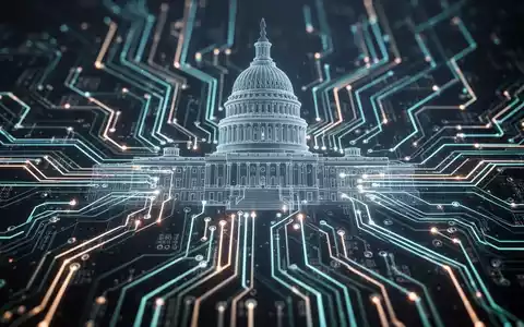 Digital circuit board with glowing lines and a subtle outline of the US Capitol building, symbolizing AI regulation and legislation. - Foto: über boerse-global.de