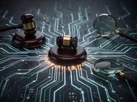 A circuit board with glowing lines, gavels, and magnifying glasses, representing AI investigation and legal challenges. - Foto: über boerse-global.de