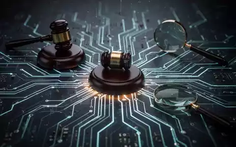 A circuit board with glowing lines, gavels, and magnifying glasses, representing AI investigation and legal challenges. - Foto: über boerse-global.de