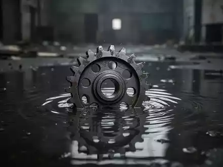 Ein einzelnes, verwittertes Metallzahnrad, teilweise in dunkles Wasser getaucht, symbolisiert einen Aktiensturz. - Foto: über boerse-global.de