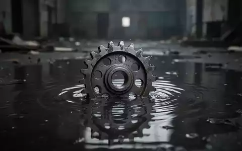 Ein einzelnes, verwittertes Metallzahnrad, teilweise in dunkles Wasser getaucht, symbolisiert einen Aktiensturz. - Foto: über boerse-global.de
