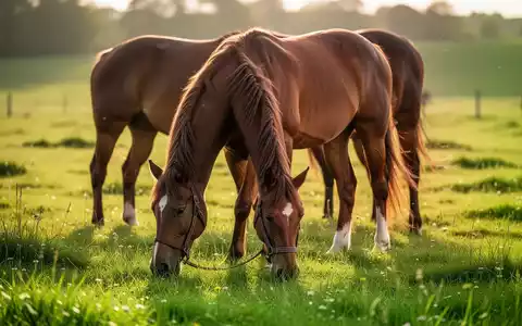 Ein majestätisches Pferd grast friedlich auf einer üppigen grünen Weide im Sonnenlicht, das sein Fell und das Gras hervorhebt. - Foto: über boerse-global.de