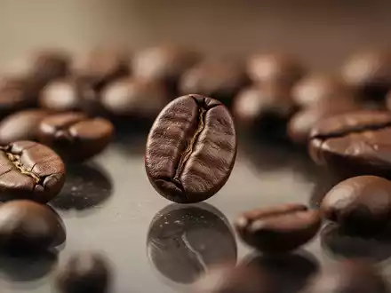 Nahaufnahme einer einzelnen Kaffeebohne, umgeben von weiteren Kaffeebohnen auf einer glänzenden Oberfläche. - Foto: über boerse-global.de