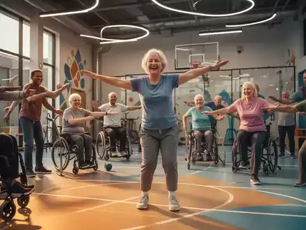 Eine Gruppe von Erwachsenen mit geistiger Behinderung nimmt an einer betreuten Sportübung in einer hellen, modernen Turnhalle teil. - Foto: über boerse-global.de