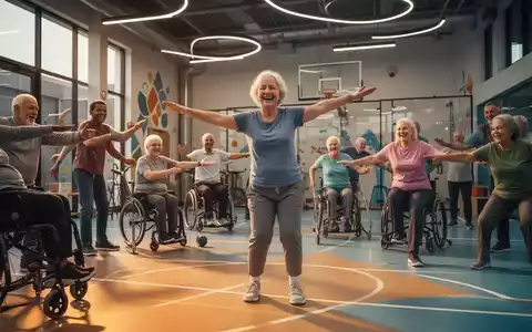 Eine Gruppe von Erwachsenen mit geistiger Behinderung nimmt an einer betreuten Sportübung in einer hellen, modernen Turnhalle teil. - Foto: über boerse-global.de
