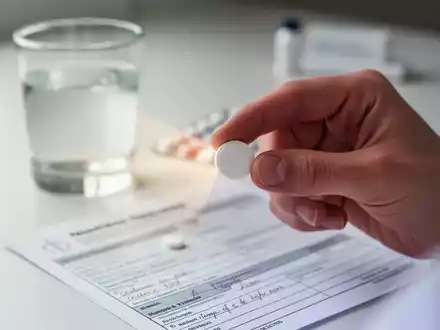 Eine Person hält eine einzelne weiße Pille zwischen Daumen und Zeigefinger, mit einem Glas Wasser und einem Rezeptblock im Hintergrund. - Foto: über boerse-global.de