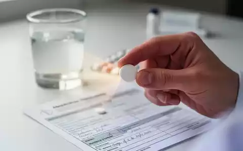 Eine Person hält eine einzelne weiße Pille zwischen Daumen und Zeigefinger, mit einem Glas Wasser und einem Rezeptblock im Hintergrund. - Foto: über boerse-global.de