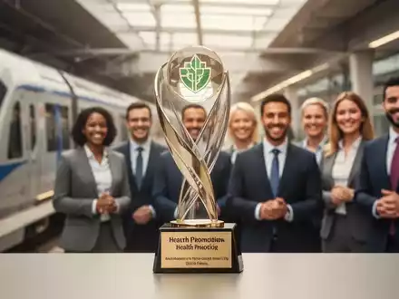 Ein stilisierter Gesundheitspreis vor einem unscharfen Hintergrund, der moderne Zuggleise und ein Team von ÖBB-Mitarbeitern zeigt. - Foto: über boerse-global.de
