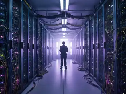 Ein modernes Rechenzentrum mit Reihen von leuchtenden Servern und einem Techniker, der Wachstum und technologischen Fortschritt darstellt. - Foto: über boerse-global.de