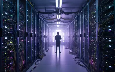 Ein modernes Rechenzentrum mit Reihen von leuchtenden Servern und einem Techniker, der Wachstum und technologischen Fortschritt darstellt. - Foto: über boerse-global.de