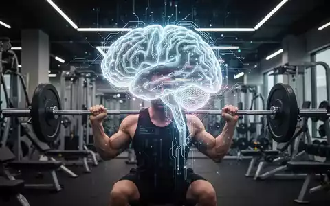Ein stilisiertes, leuchtendes KI-Gehirn überlagert eine Person beim Gewichtheben in einem modernen Fitnessstudio, das Technologie und Training verbindet. - Foto: über boerse-global.de