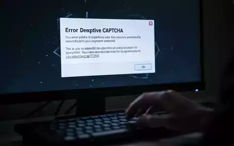 A close-up of a computer screen showing a deceptive CAPTCHA error, with a blurred hand reaching for the keyboard. - Foto: über boerse-global.de