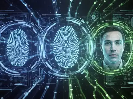 Digital interface with biometric security symbols like a fingerprint and face scan, connected by glowing data streams. - Foto: über boerse-global.de