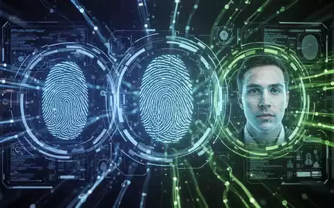 Digital interface with biometric security symbols like a fingerprint and face scan, connected by glowing data streams. - Foto: über boerse-global.de