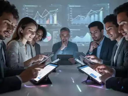 Menschen füllen digitale Umfragen auf Tablets aus, im Hintergrund sind schemenhaft Datenvisualisierungen zu sehen. Fokus auf Engagement. - Foto: über boerse-global.de