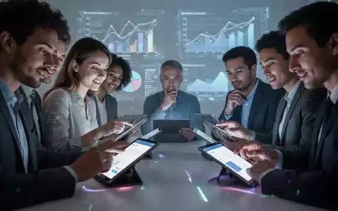 Menschen füllen digitale Umfragen auf Tablets aus, im Hintergrund sind schemenhaft Datenvisualisierungen zu sehen. Fokus auf Engagement. - Foto: über boerse-global.de