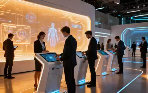Eine futuristische Ausstellungshalle mit digitalen Displays und Geschäftsleuten, die mit Technologie-Kiosken interagieren. - Foto: über boerse-global.de