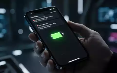 A smartphone screen displays a low battery icon and error messages, held in a hand in a dimly lit, high-tech setting. - Foto: über boerse-global.de