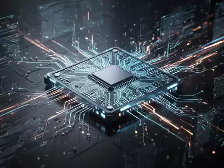 A close-up of a glowing, futuristic microchip with intricate circuits, surrounded by abstract digital data streams. - Foto: über boerse-global.de
