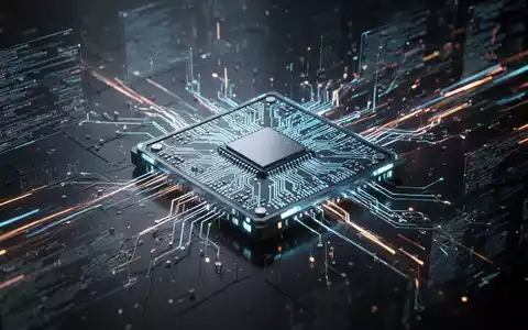 A close-up of a glowing, futuristic microchip with intricate circuits, surrounded by abstract digital data streams. - Foto: über boerse-global.de