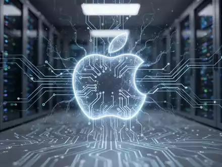 A futuristic Apple logo glowing over a circuit board with AI neural network lines, symbolizing technology and integration. - Foto: über boerse-global.de