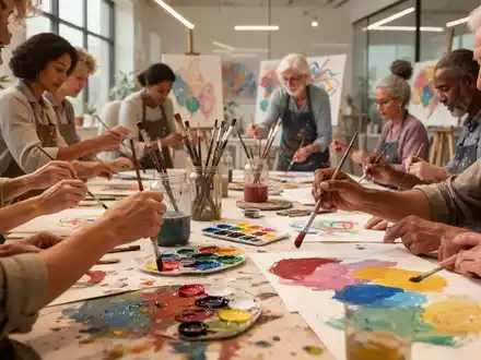 Eine Gruppe von Menschen malt und zeichnet in einem hellen Atelier, was ganzheitliche Heilung nach Krebsbehandlung symbolisiert. - Foto: über boerse-global.de