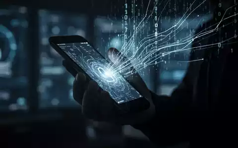 Eine Hand hält ein Smartphone, aus dem leuchtende digitale Linien und Binärcodes strömen, die KI-Betrug symbolisieren. - Foto: über boerse-global.de