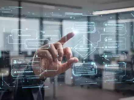 A stylized hand interacting with a holographic screen displaying AI-generated process documentation and step-by-step guides in a modern office. - Foto: über boerse-global.de