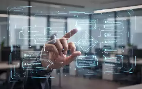 A stylized hand interacting with a holographic screen displaying AI-generated process documentation and step-by-step guides in a modern office. - Foto: über boerse-global.de