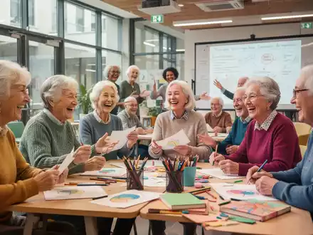 Eine Gruppe lachender Senioren nimmt an einem Sprachkurs oder Kreativworkshop in einem hellen, modernen Gemeinschaftszentrum teil. - Foto: über boerse-global.de