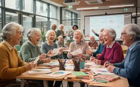 Eine Gruppe lachender Senioren nimmt an einem Sprachkurs oder Kreativworkshop in einem hellen, modernen Gemeinschaftszentrum teil. - Foto: über boerse-global.de