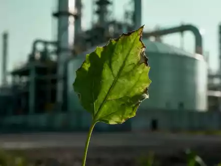 Ein welkendes grünes Blatt vor dem unscharfen Hintergrund einer Bioethanolanlage, das Wochenverluste symbolisiert. - Foto: über boerse-global.de
