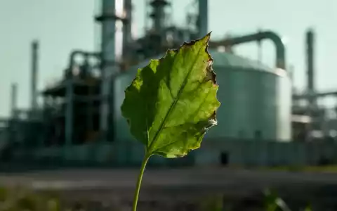 Ein welkendes grünes Blatt vor dem unscharfen Hintergrund einer Bioethanolanlage, das Wochenverluste symbolisiert. - Foto: über boerse-global.de