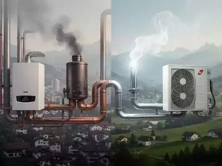Ein Heizsystem in einem Gebäude mit zwei Rohren, die zu einem alten fossilen Heizkessel und einer modernen Wärmepumpe führen. - Foto: über boerse-global.de