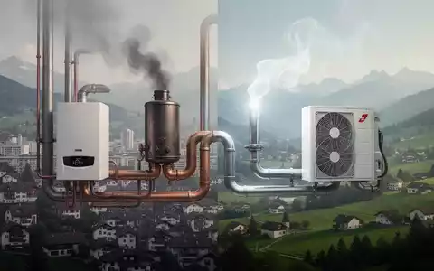 Ein Heizsystem in einem Gebäude mit zwei Rohren, die zu einem alten fossilen Heizkessel und einer modernen Wärmepumpe führen. - Foto: über boerse-global.de