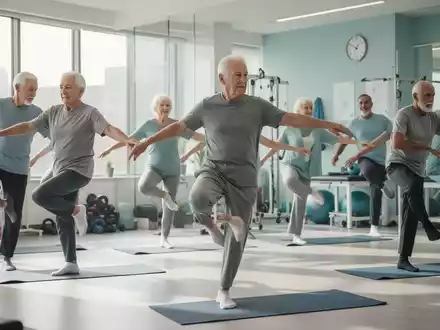 Senioren über 55 führen Hüftbeweglichkeitstests und Gleichgewichtsübungen in einem hellen Physiotherapie-Raum durch. - Foto: über boerse-global.de
