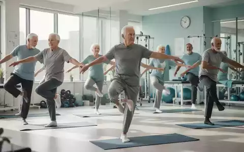 Senioren über 55 führen Hüftbeweglichkeitstests und Gleichgewichtsübungen in einem hellen Physiotherapie-Raum durch. - Foto: über boerse-global.de