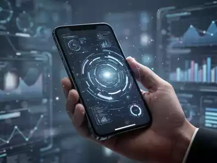 A hand holding a smartphone with a futuristic, glowing interface, set against a blurred high-tech background. - Foto: ĂĽber boerse-global.de