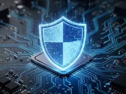 A glowing blue digital shield icon on a motherboard circuit board, symbolizing cybersecurity and secure boot update. - Foto: über boerse-global.de