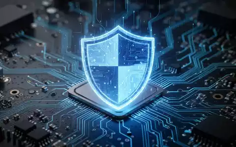 A glowing blue digital shield icon on a motherboard circuit board, symbolizing cybersecurity and secure boot update. - Foto: über boerse-global.de