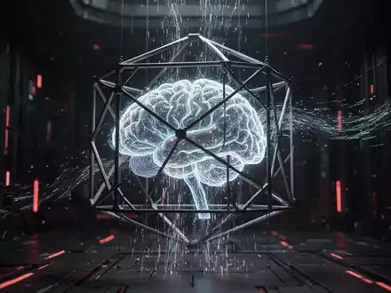 A glowing, intricate neural network appears to be retracting into a geometric cage, symbolizing AI export controls. - Foto: über boerse-global.de
