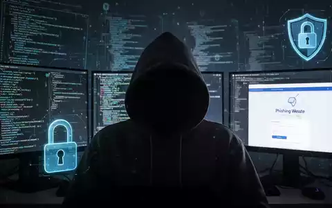 A shadowy figure in a hoodie in front of computer screens with code and phishing interfaces, symbolizing cybercrime. - Foto: über boerse-global.de