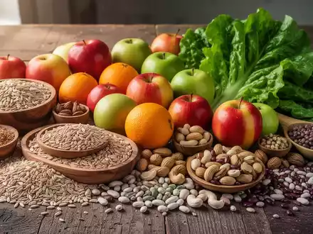 Ein Stillleben mit frischen, hochwertigen Lebensmitteln wie Vollkornprodukten, Obst, Gemüse, Nüssen und Hülsenfrüchten auf einem Holztisch. - Foto: über boerse-global.de