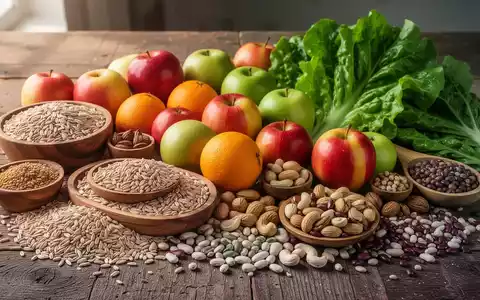 Ein Stillleben mit frischen, hochwertigen Lebensmitteln wie Vollkornprodukten, Obst, Gemüse, Nüssen und Hülsenfrüchten auf einem Holztisch. - Foto: über boerse-global.de