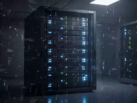 A server rack with glowing blue lights, surrounded by a subtle digital degradation effect. - Foto: über boerse-global.de
