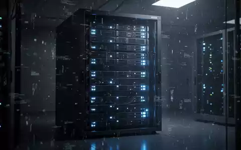 A server rack with glowing blue lights, surrounded by a subtle digital degradation effect. - Foto: über boerse-global.de