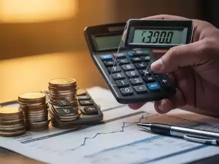 Eine Hand hält einen Taschenrechner, der steigende Zahlen anzeigt, neben einem Stapel Münzen und einem Stift auf einem Finanzdokument. - Foto: über boerse-global.de