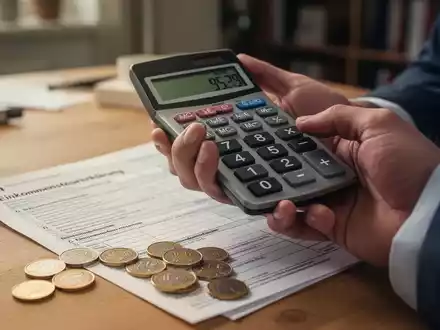 Hände halten einen Taschenrechner über einem deutschen Steuerformular und Euro-Münzen, symbolisierend Steuerentlastungen. - Foto: über boerse-global.de