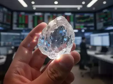 Eine Hand hält ein seltenes Erdmineral mit einem verschwommenen Hintergrund, der einen Finanzhandelsraum zeigt. - Foto: über boerse-global.de